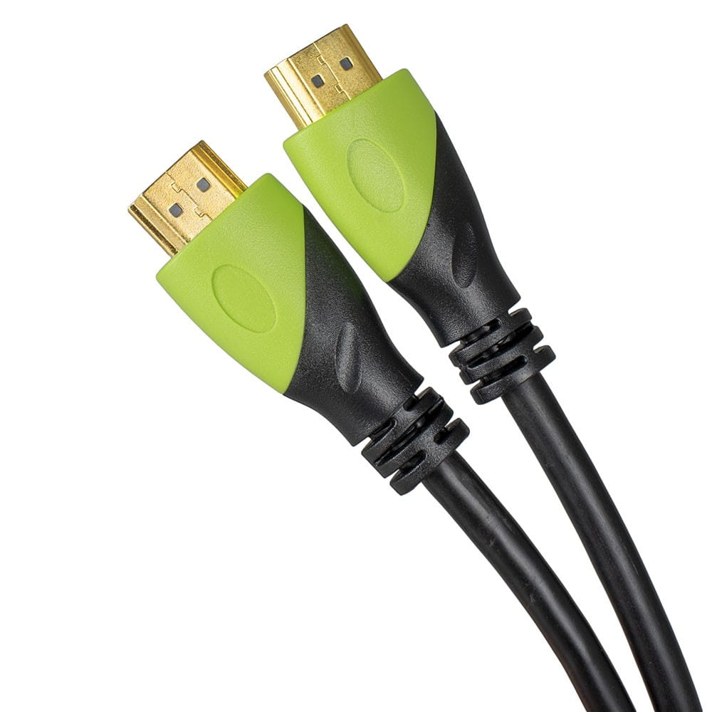 Dwa kable HDMI z zielonymi i czarnymi złączami. Złote złącza i białe tło.
