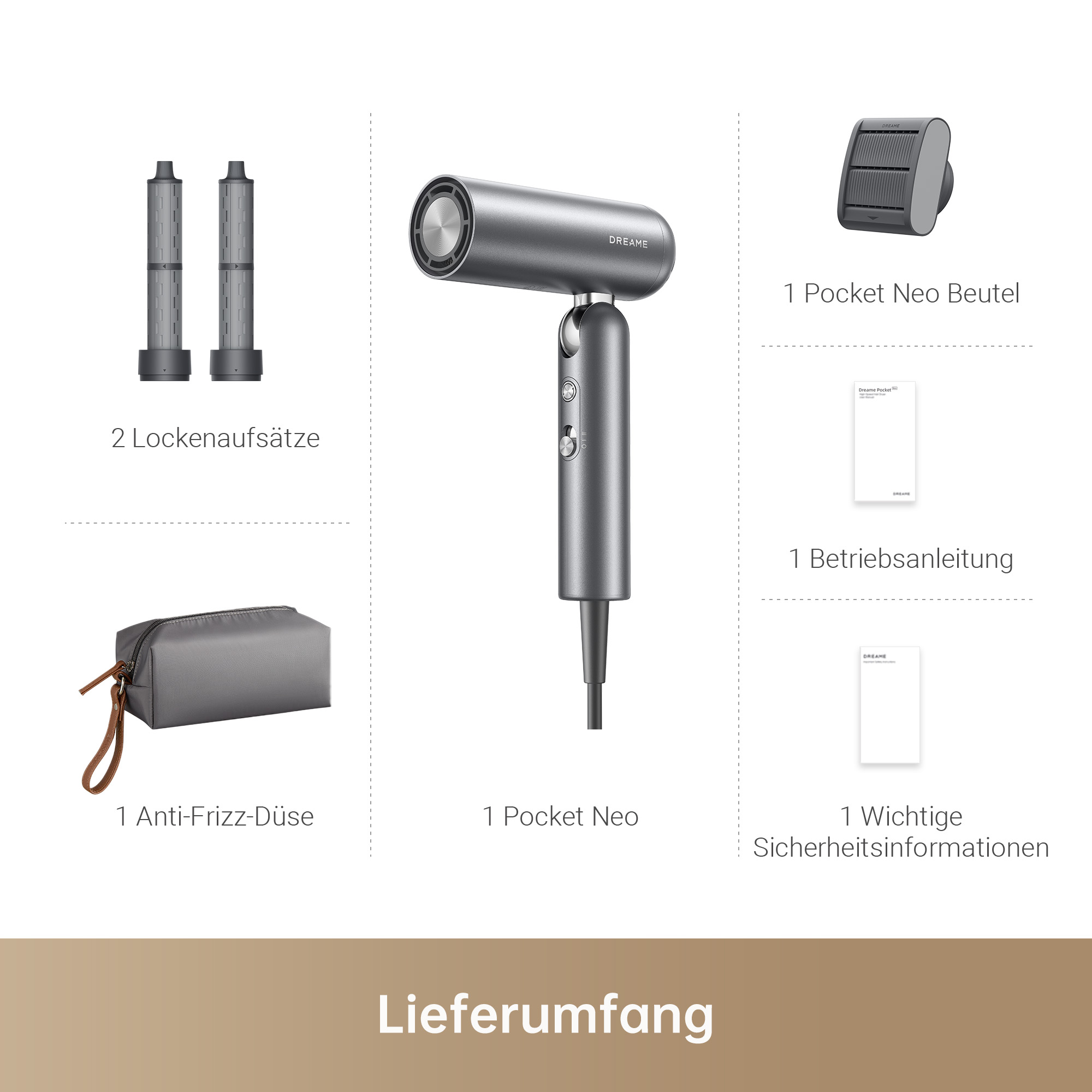 Ein grauer Haartrockner mit Zubehör. Das Bild enthält eine Tasche, Düsen und Infoblätter.