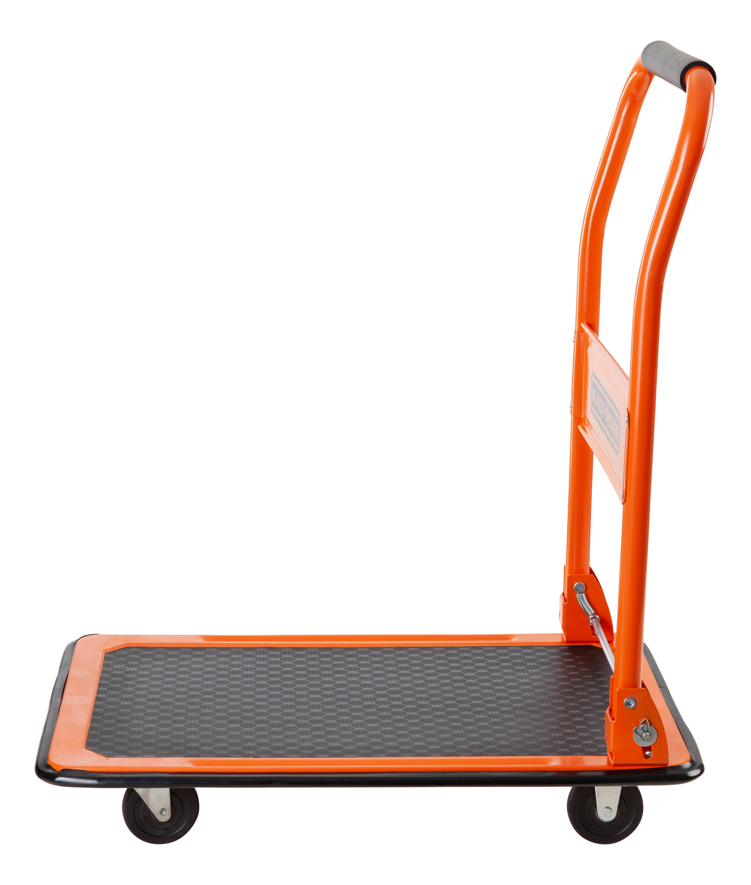 Orange hand truck on a white background. Black platform, gray handle grip.