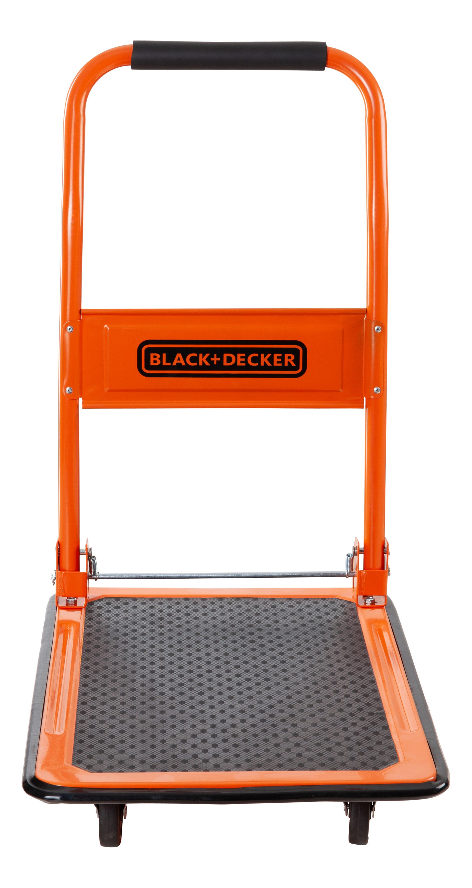 An orange, metal hand truck. It has a Black+Decker logo. Black handle and black platform.