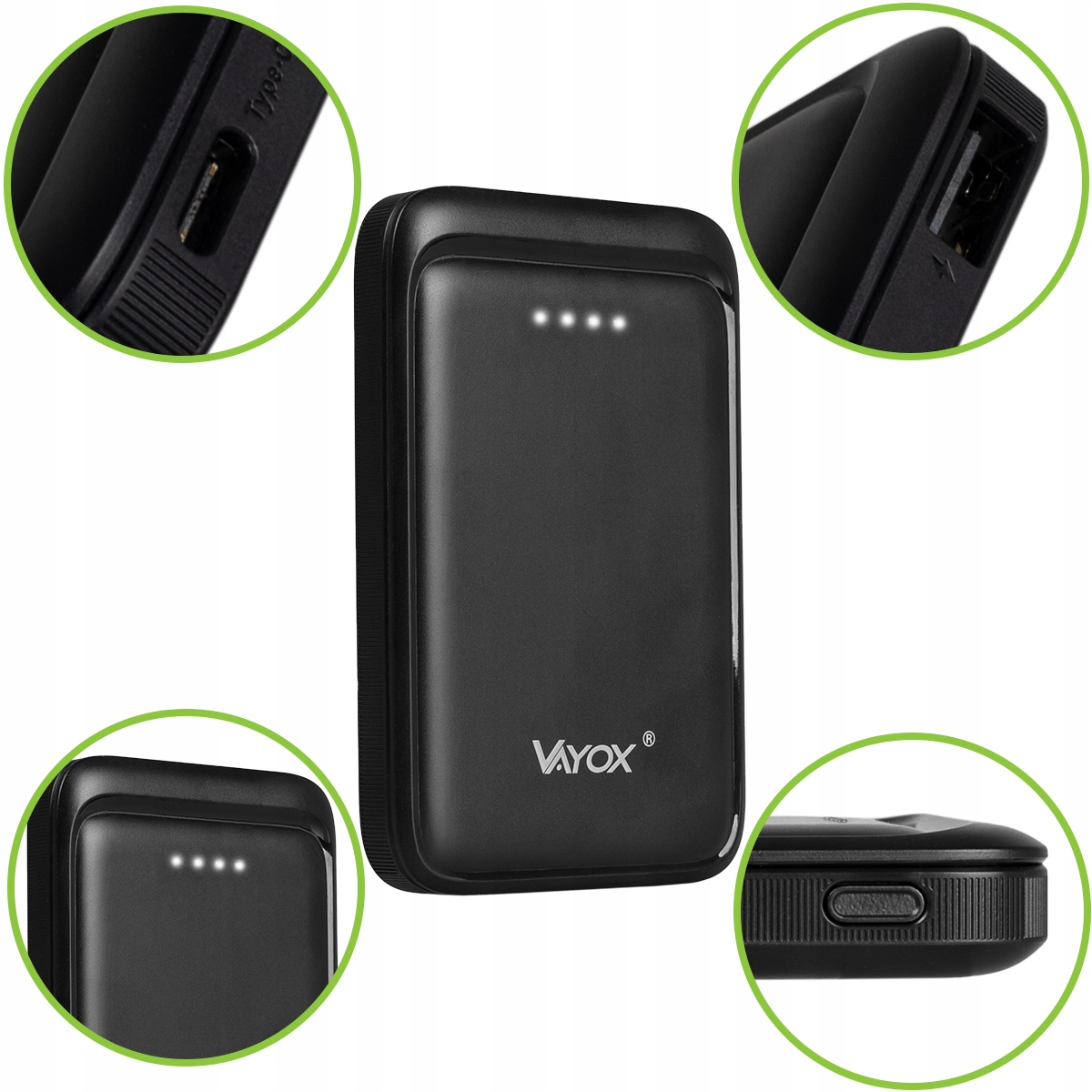 Czarny power bank Vayox z białymi lampkami kontrolnymi. Pokazuje port USB i port typu C.