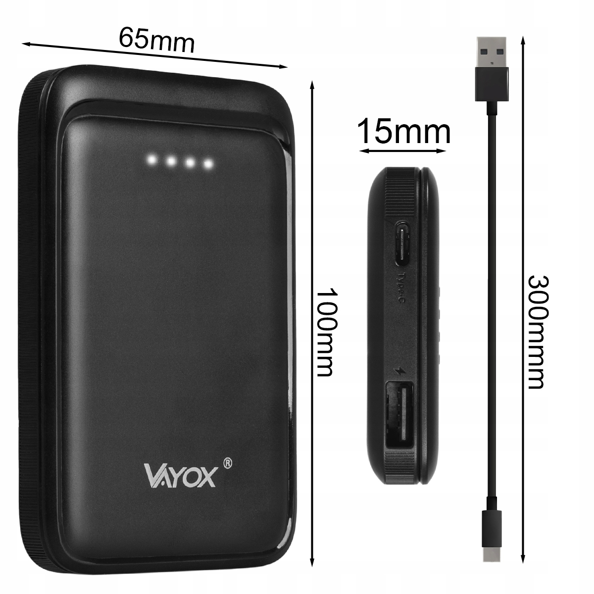 Czarny power bank z wymiarami i kablem USB. Wymiary podano w milimetrach.