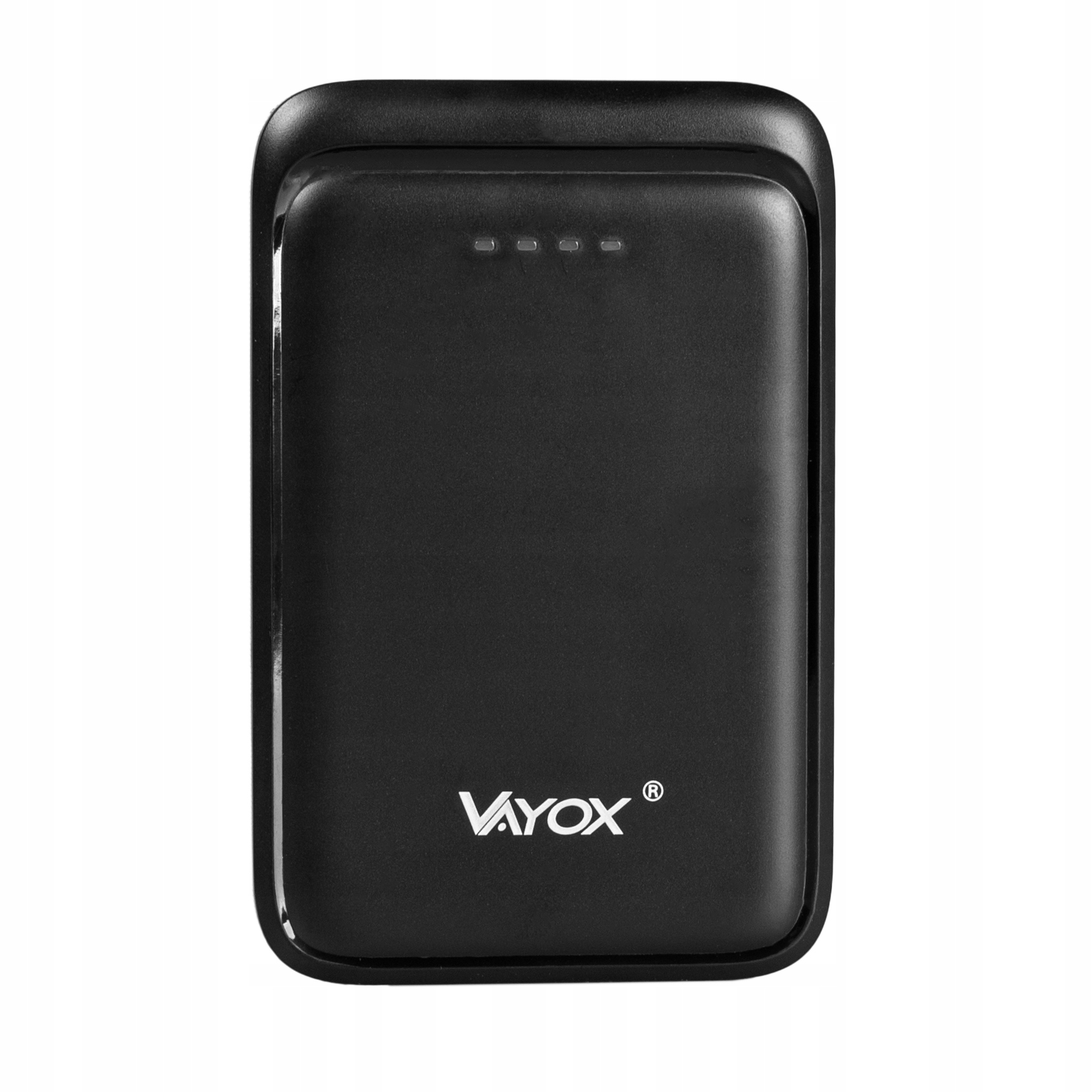 Czarny przenośny power bank z logo Vayox, trzema wskaźnikami i zaokrągloną konstrukcją.