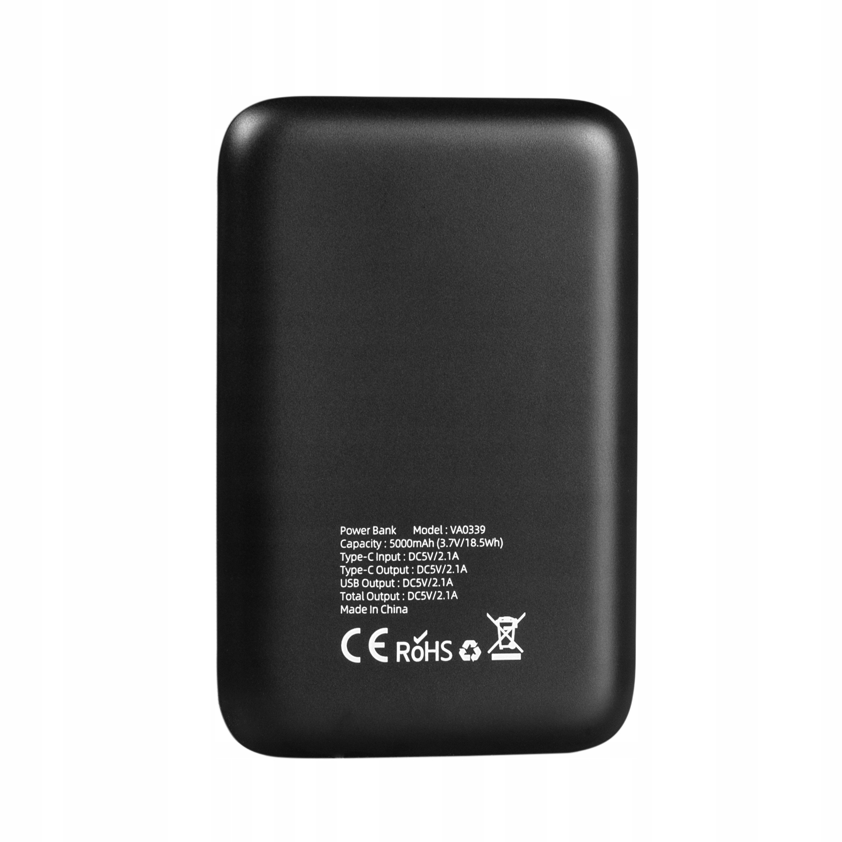 Czarny power bank z tekstem i logo na powierzchni.