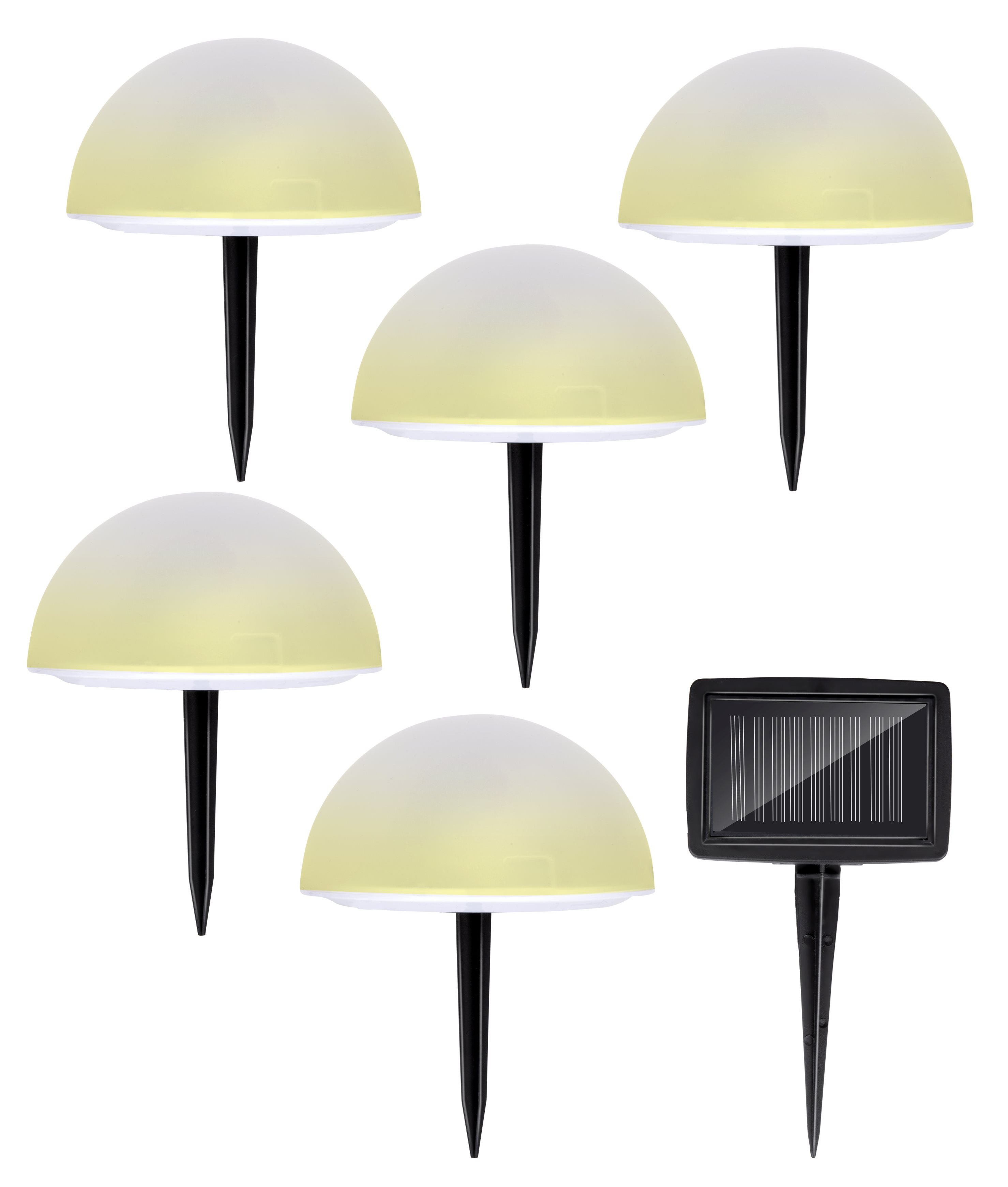 Vijf paddenstoelvormige buitenlampen met zonnepaneel, alle op een witte achtergrond.