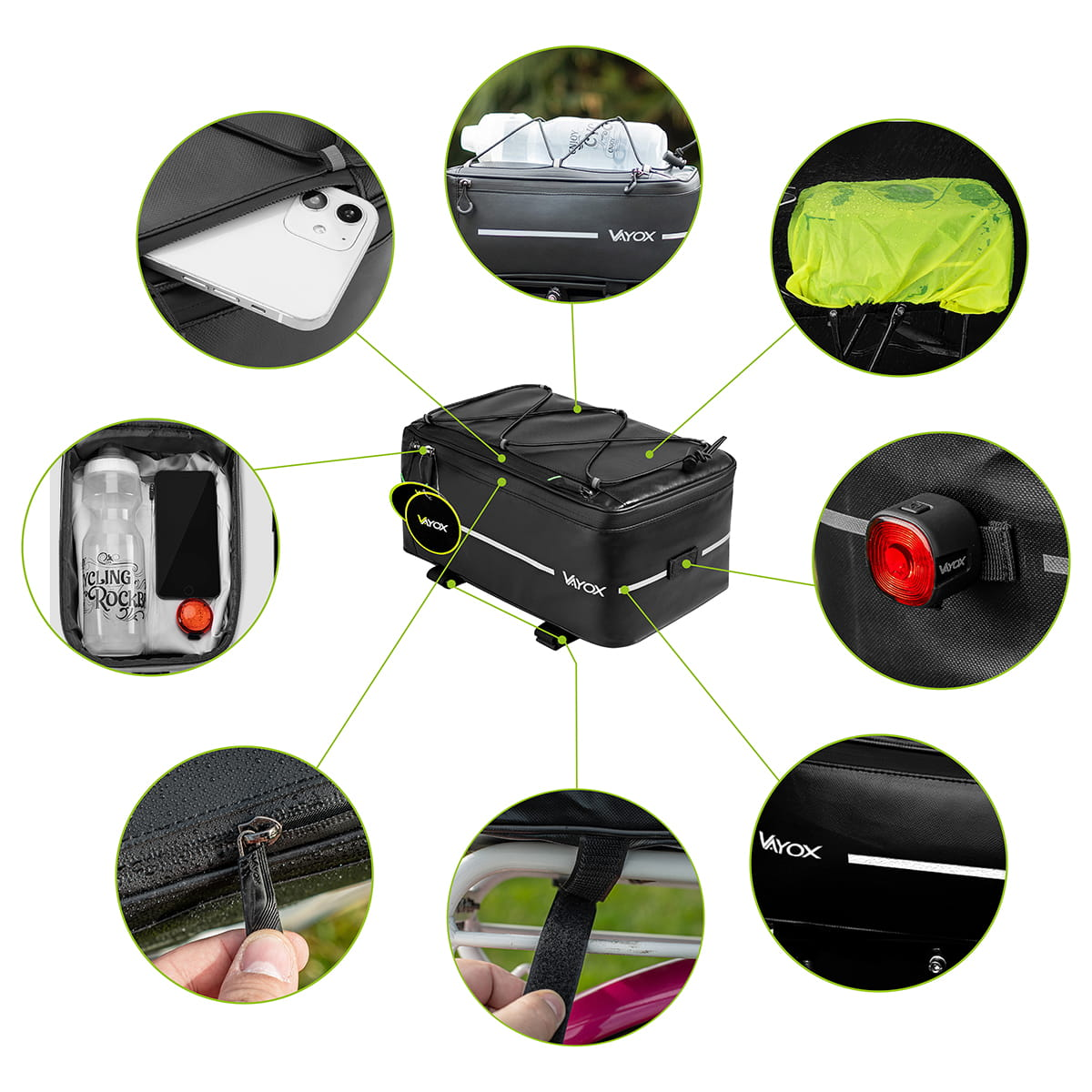 Czarna torba rowerowa z wieloma przegrodami, telefonem, butelką wody i tylnym światłem.