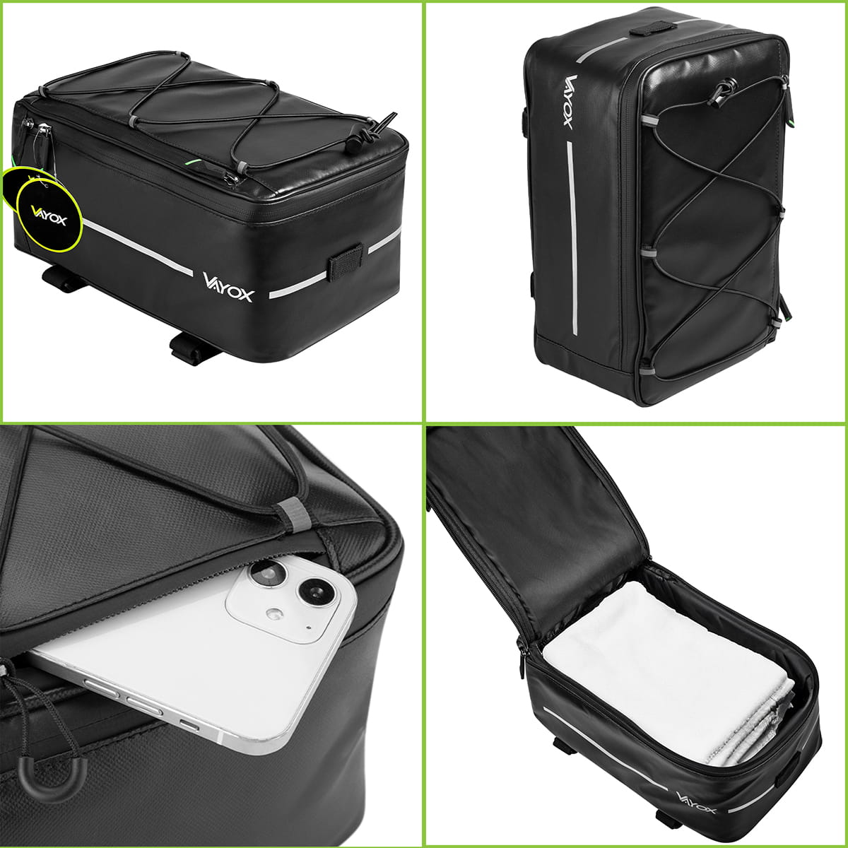 Cztery obrazy pokazujące czarną torbę rowerową ze szczegółami, jak kieszeń na telefon.