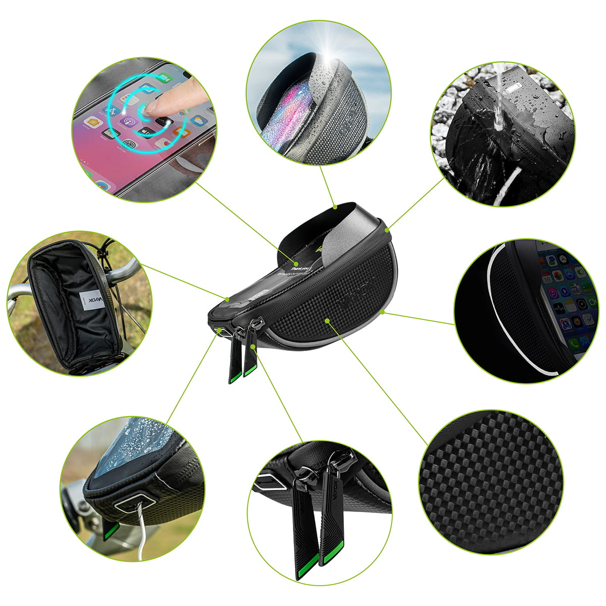 Torba rowerowa z wieloma widokami: użycie telefonu, wodoodporna, tekstura włókna węglowego i szczegóły zamka błyskawicznego.