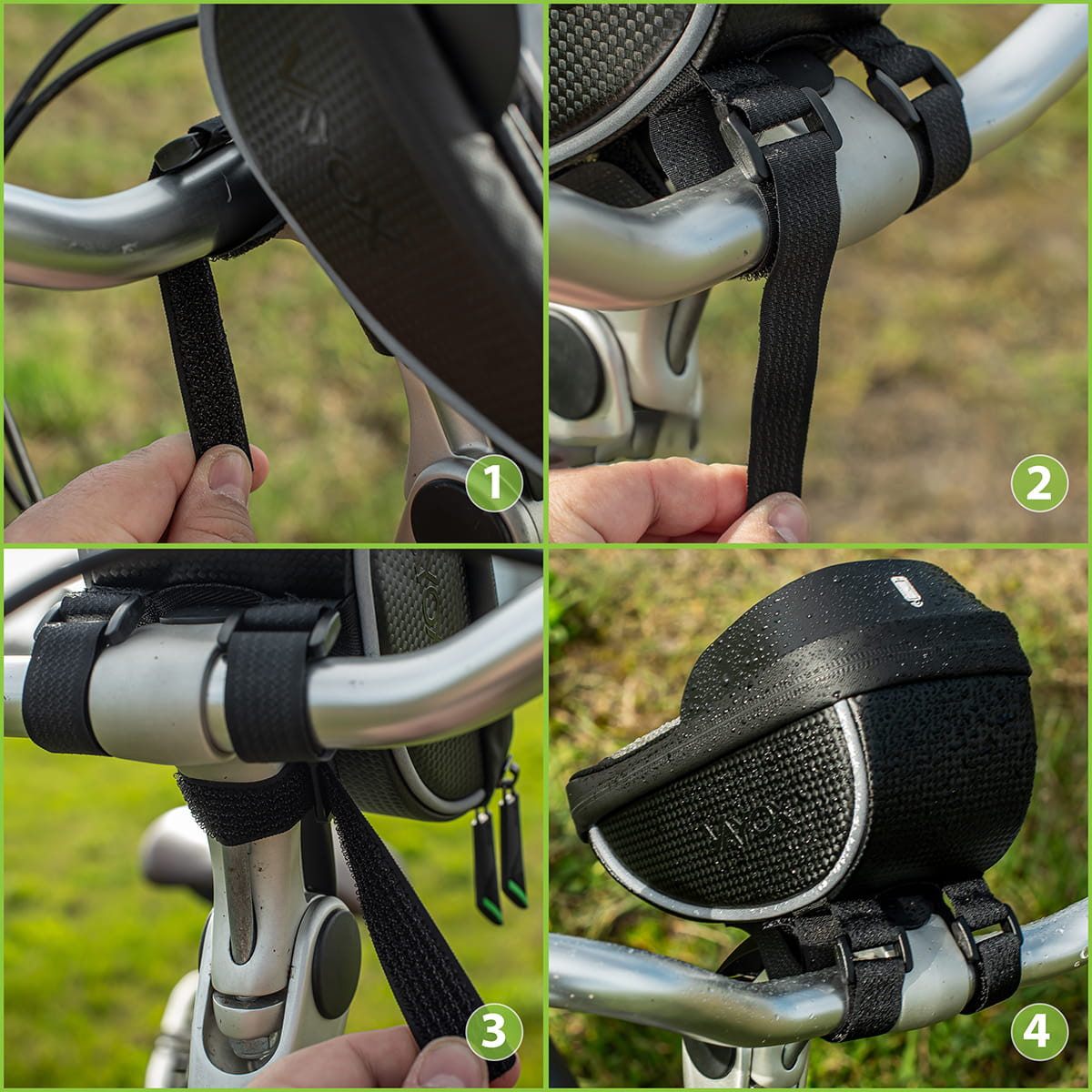 Cztery obrazy pokazujące kroki mocowania torby rowerowej do kierownicy.