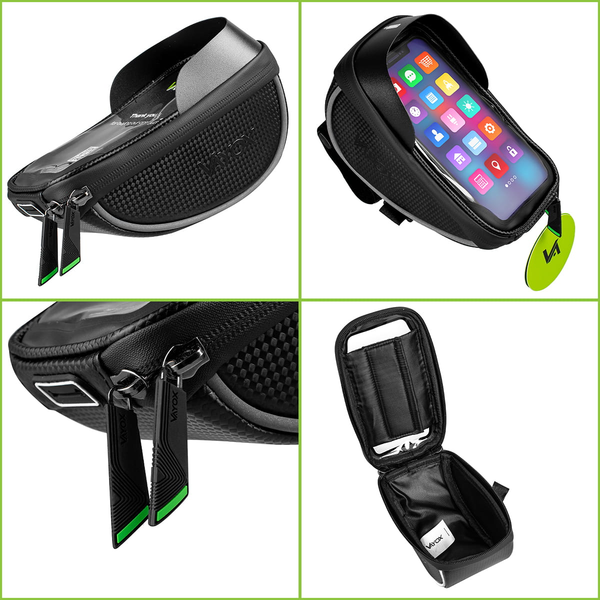 Cztery zdjęcia czarnego uchwytu na telefon rowerowy. Pokazujące telefon, zamki błyskawiczne i wnętrze.