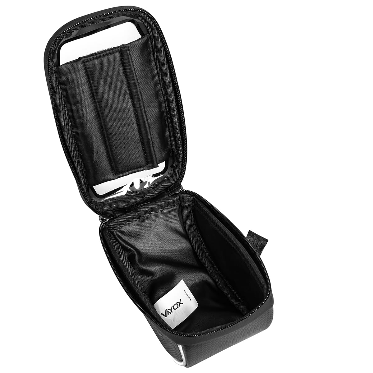 Otwarta czarna torba rowerowa, z przezroczystym oknem i małą białą metką. W środku pusta.