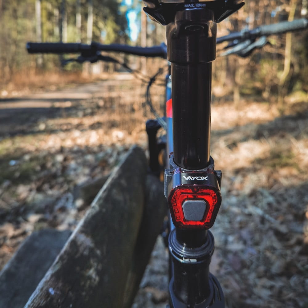 Rower z tylnym światłem zamontowanym na sztycy podsiodłowej. Tło to las.