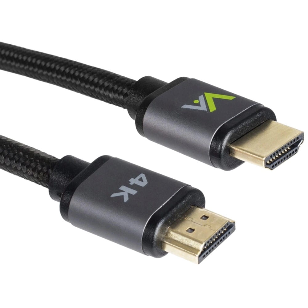 Czarny kabel HDMI z szarymi złączami i napisem '4K'. Złącza ze złotymi pinami.