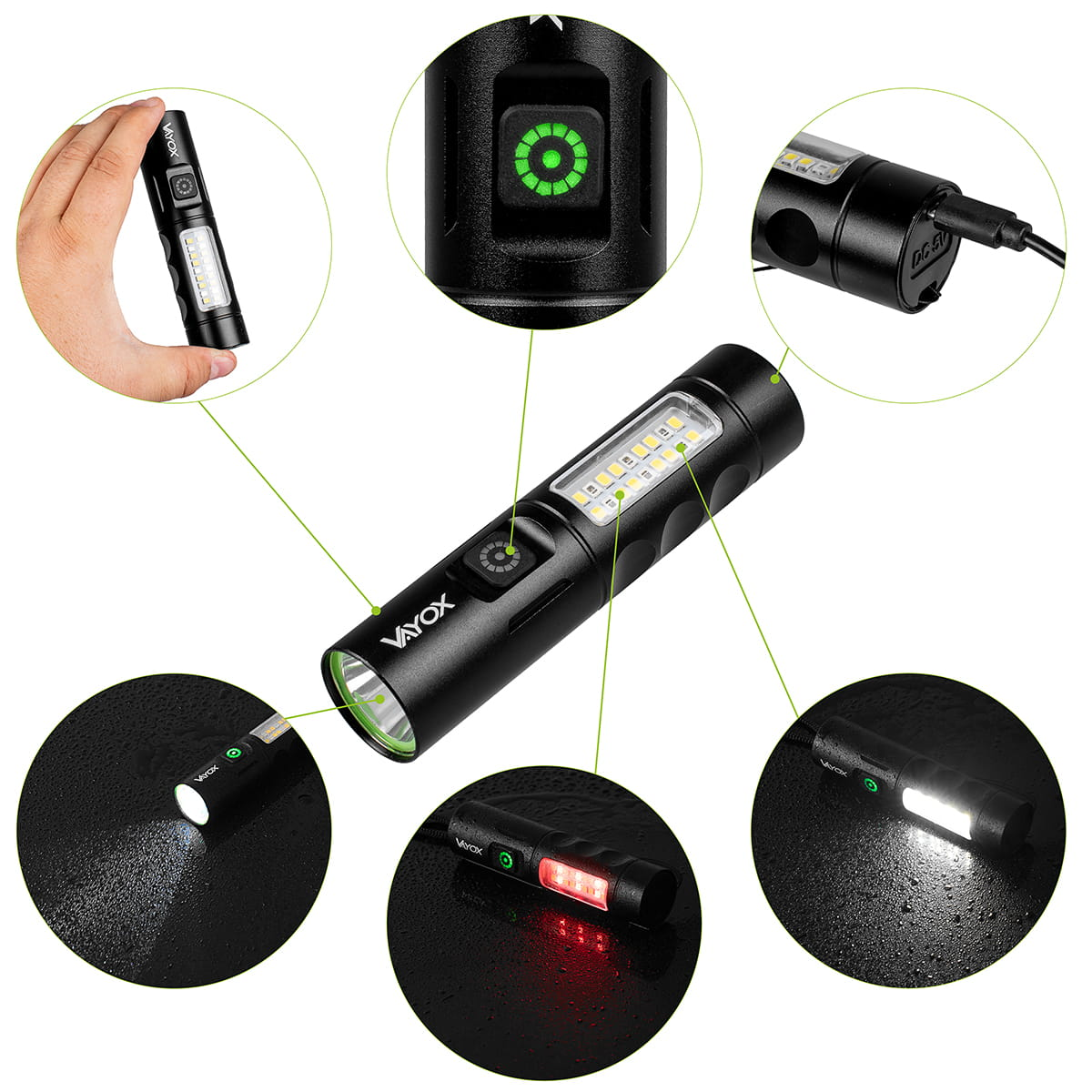 Czarna latarka z wieloma widokami. Pokazuje białe, czerwone i zielone światła z marką "VAYOX".