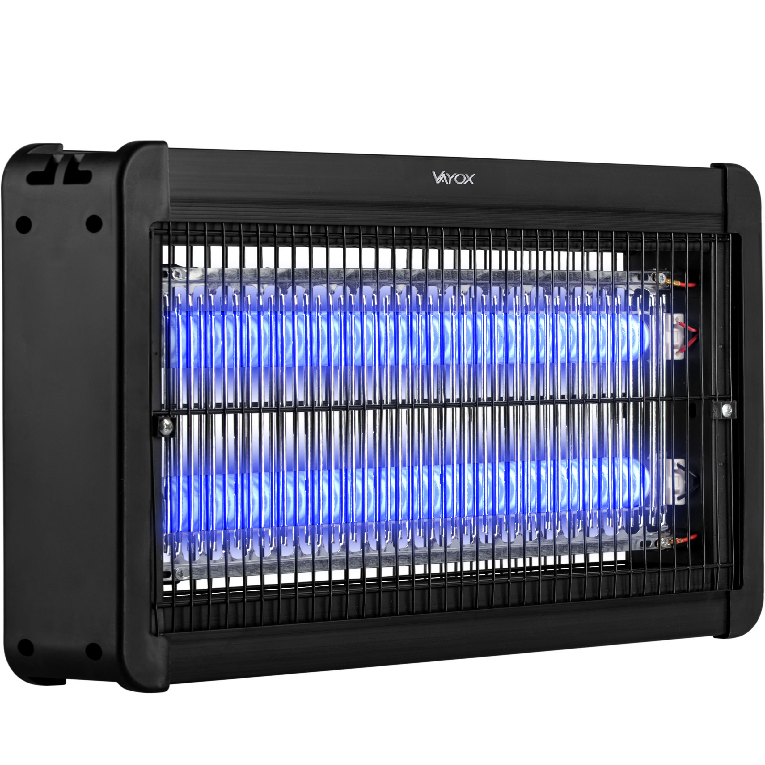 Czarny zabijacz owadów z jasnoniebieskim światłem. Posiada metalową kratkę.