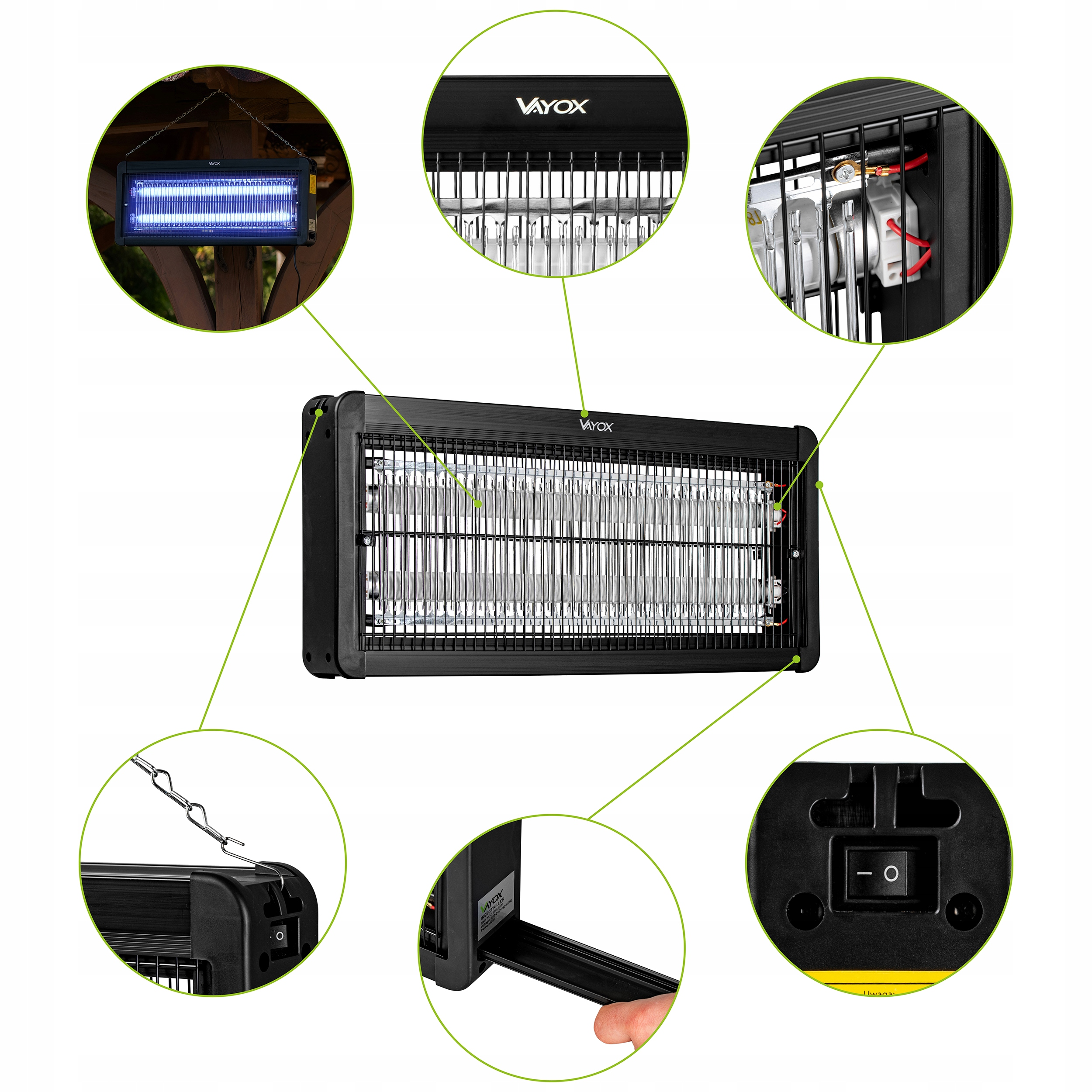 Widok rozstrzelony czarnego zabijacza owadów, pokazujący różne części i cechy.