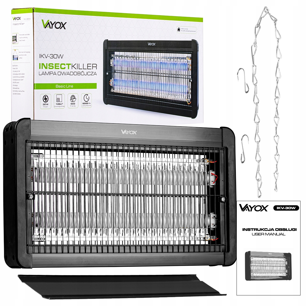 Urządzenie do zwalczania owadów w pudełku z łańcuchem do zawieszania i instrukcją obsługi.