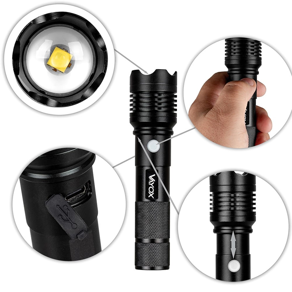 Czarna latarka ze szczegółowymi widokami jej funkcji. Ma jasne światło i port USB.