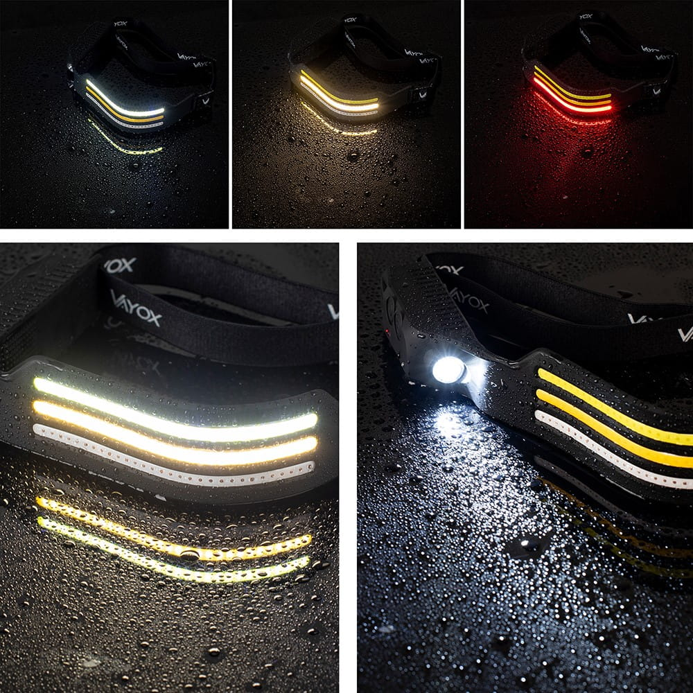 Latarka czołowa z wieloma światłami, w różnych trybach, na mokrej powierzchni.