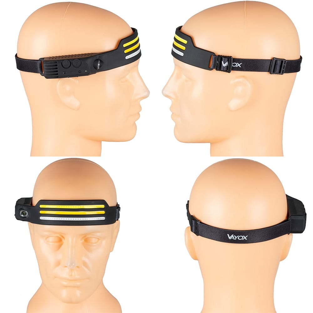 Latarka czołowa na głowach manekinów. Wiele kątów: bok, przód, tył i góra.