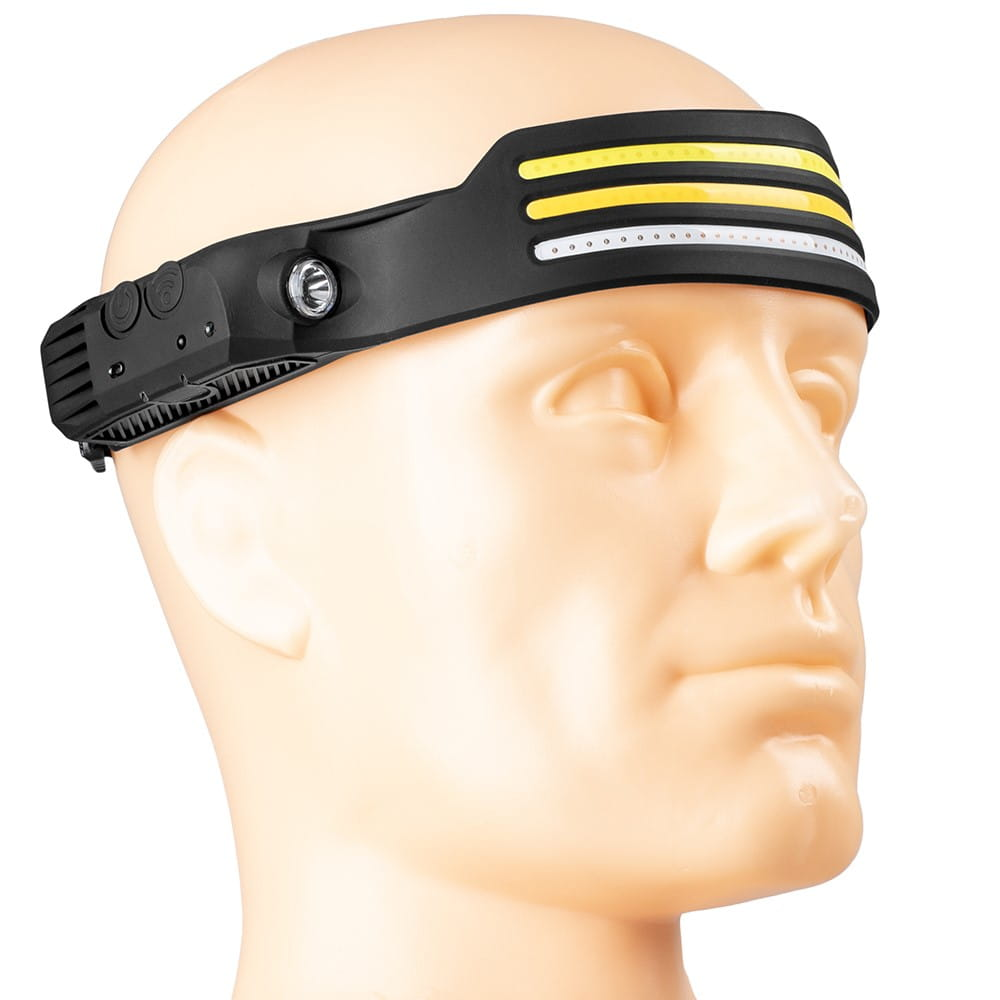 Głowa manekina z latarką czołową. Widok z przodu, pokazujący żółte światła.