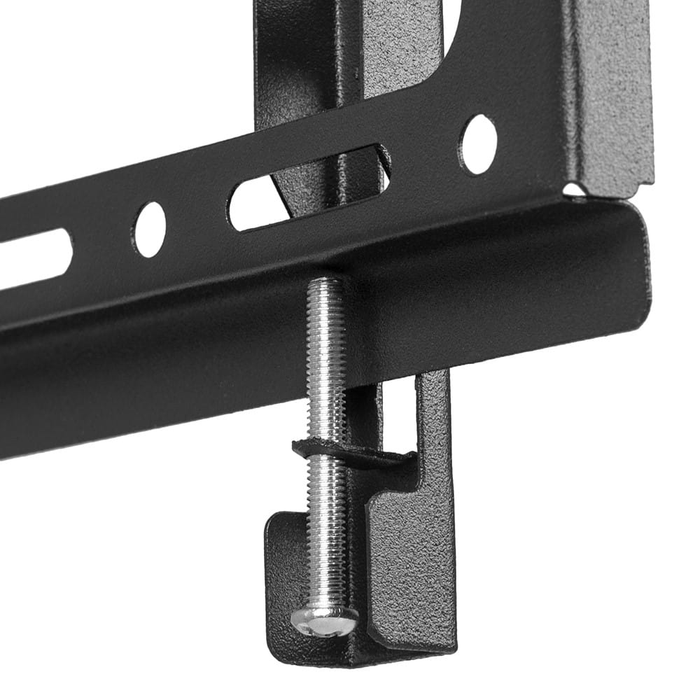 Zbliżenie czarnego uchwytu TV ze śrubą.