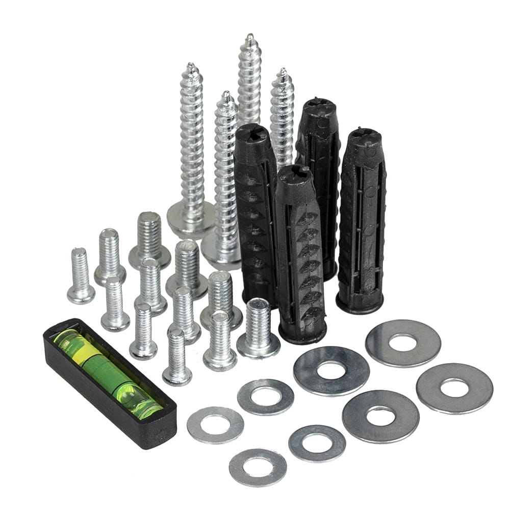 Zestaw sprzętowy: śruby, śruby, podkładki i poziomica. Wszystko jest srebrne i czarne.