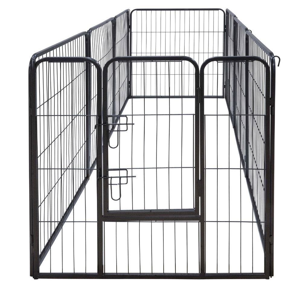 Black metal pet playpen. It has a gate and is empty. The background is white.