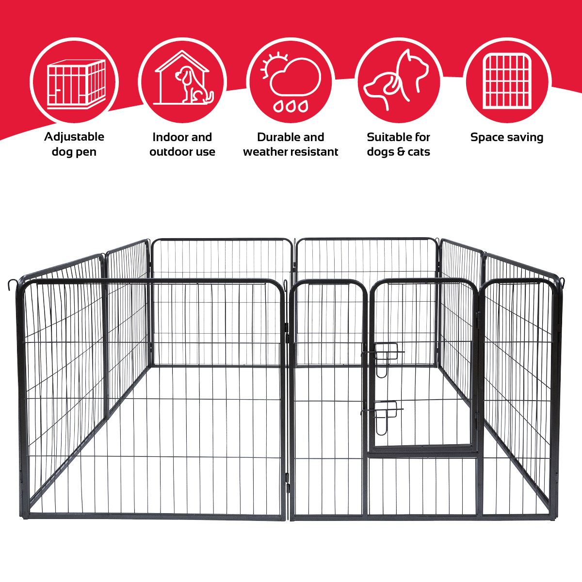 Metal pet enclosure, with icons for adjustable, indoor/outdoor, durable, for dogs/cats.