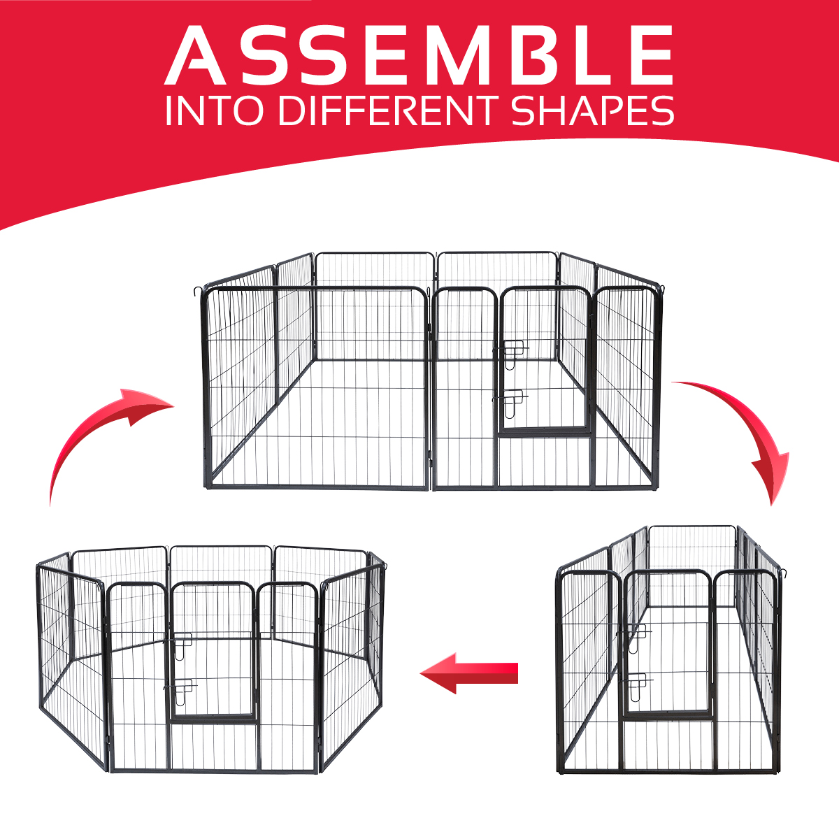 Three configurations of a black metal pet pen, with red arrows and the text 'ASSEMBLE'.