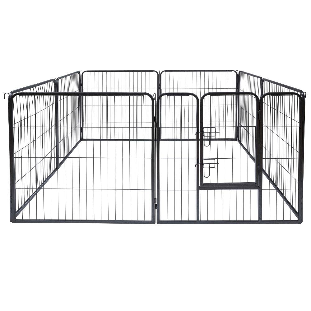 Black metal pet enclosure with multiple connected panels forming a rectangular shape.