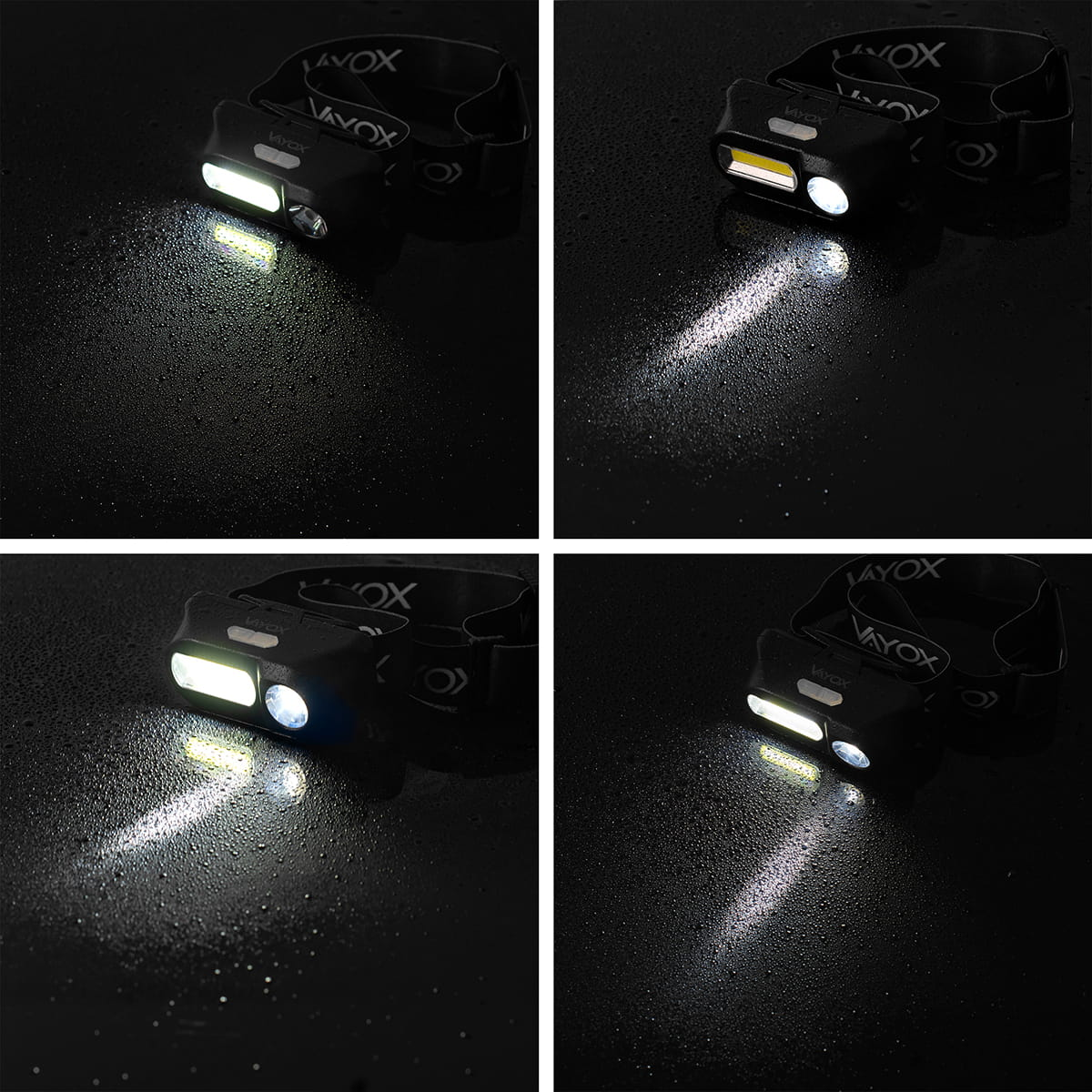 Cztery obrazy latarki czołowej, pokazujące różne ustawienia światła, na ciemnej powierzchni.