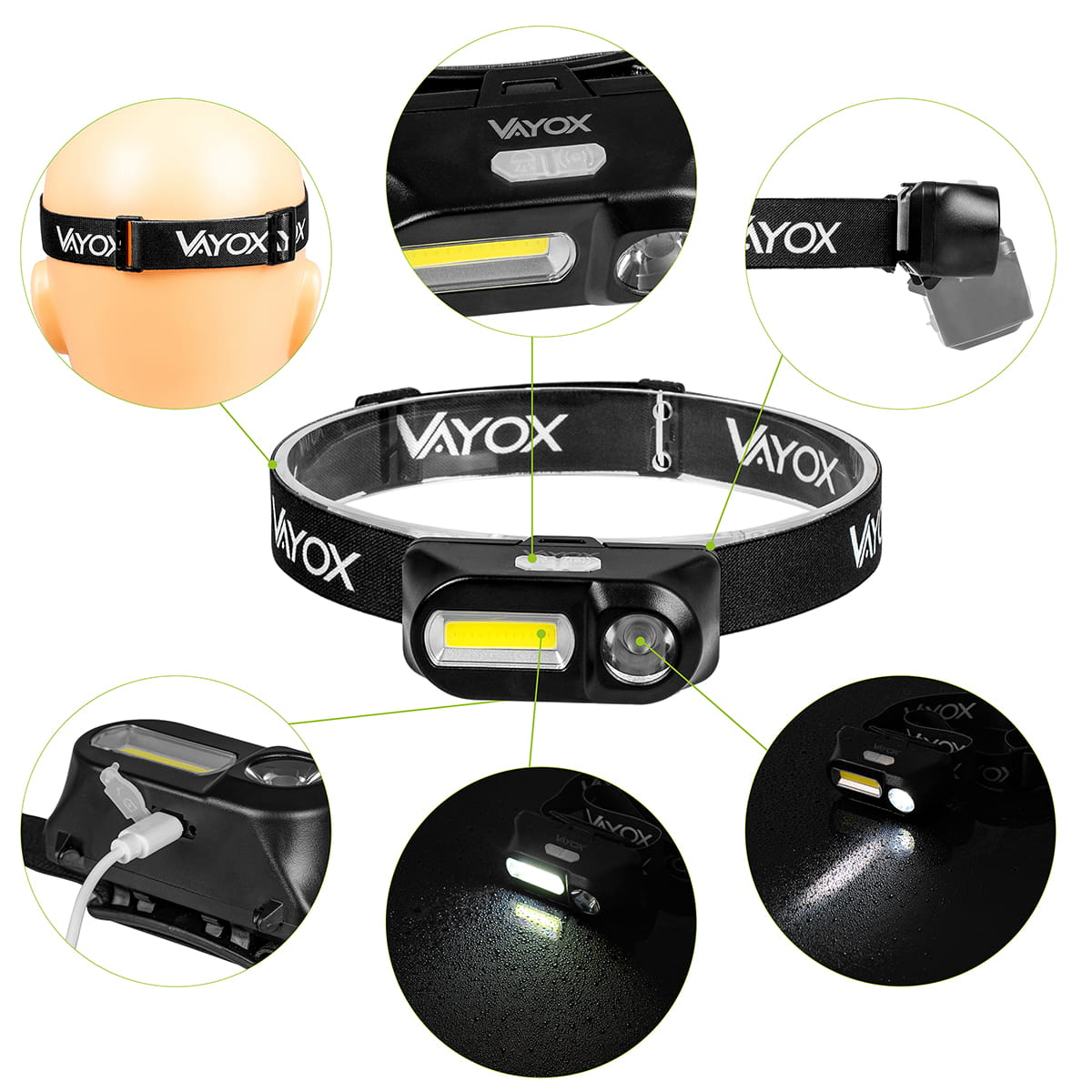 Czarna latarka czołowa pokazująca wiele widoków, z marką 'VAYOX'.