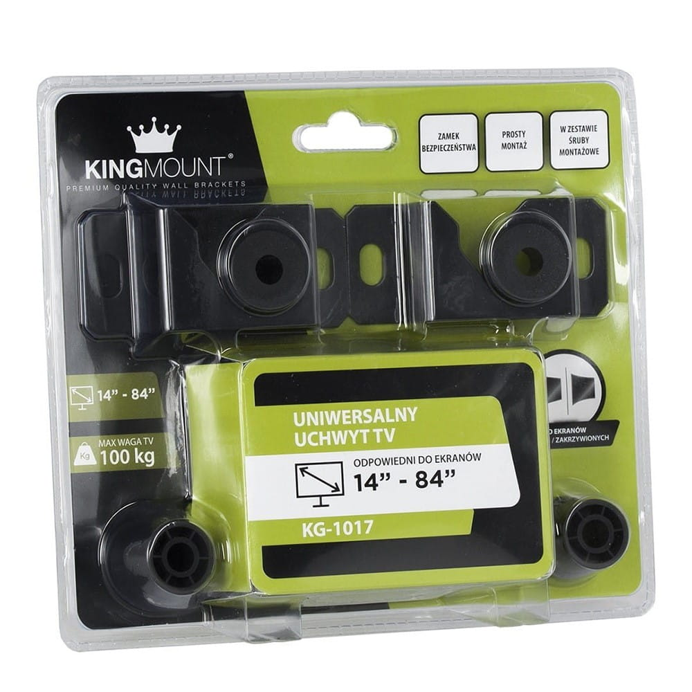 Opakowanie z czarnymi uchwytami ściennymi do telewizora. Zawiera zieloną etykietę z tekstem i przezroczystą plastikową osłonę.