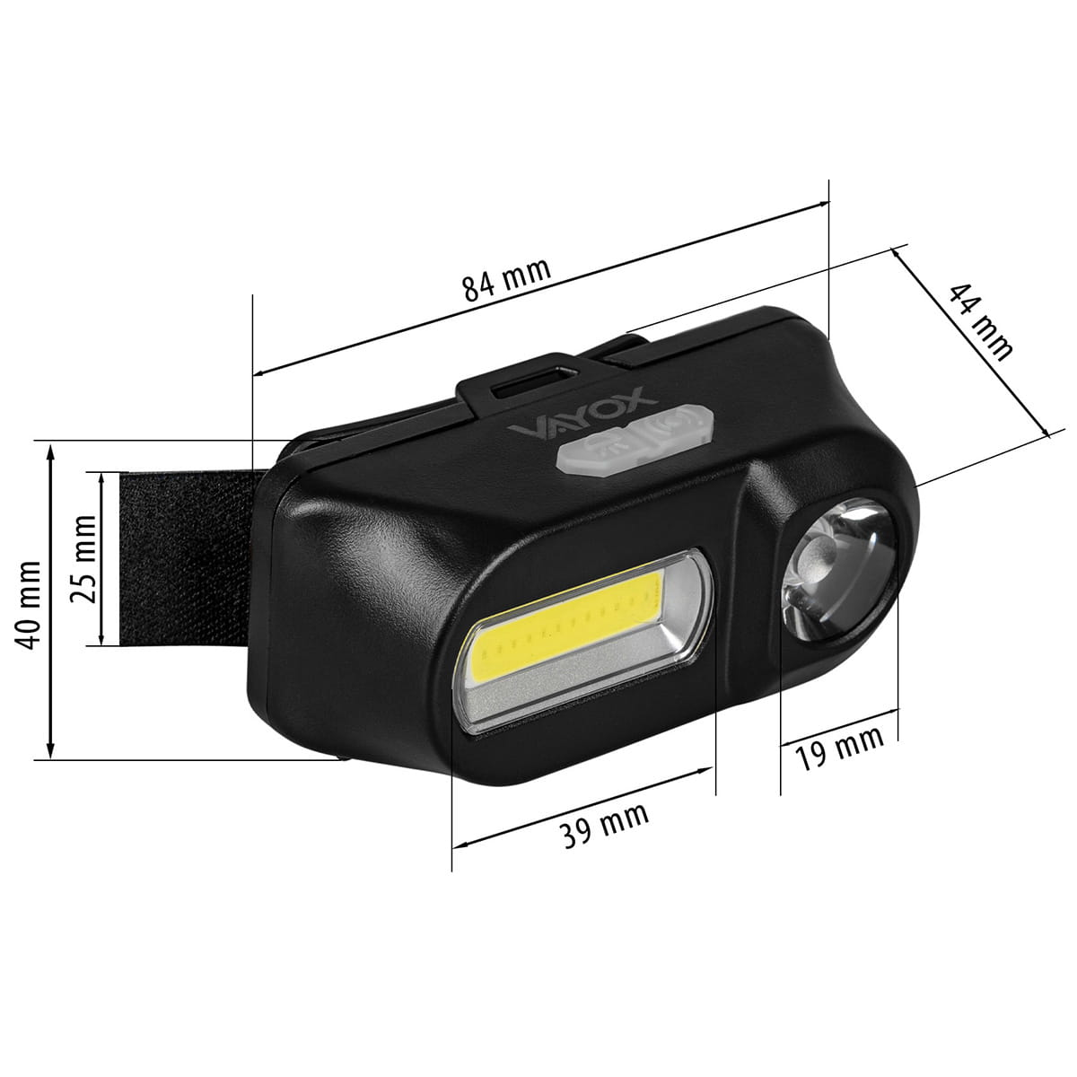 Czarna latarka czołowa z wymiarami. Ma biały przycisk i małe światło LED. Opaska jest czarna.