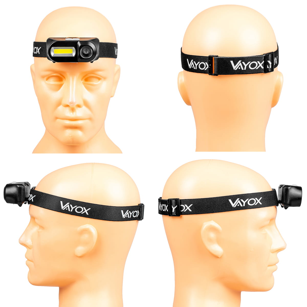 Cztery widoki latarki czołowej na głowie manekina. Latarka czołowa jest czarna, a pasek czarny.