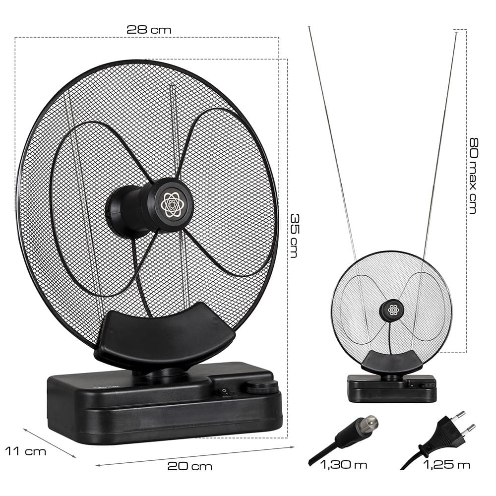 Dwie czarne anteny z wymiarami, kablami i wtyczką, na białym tle.