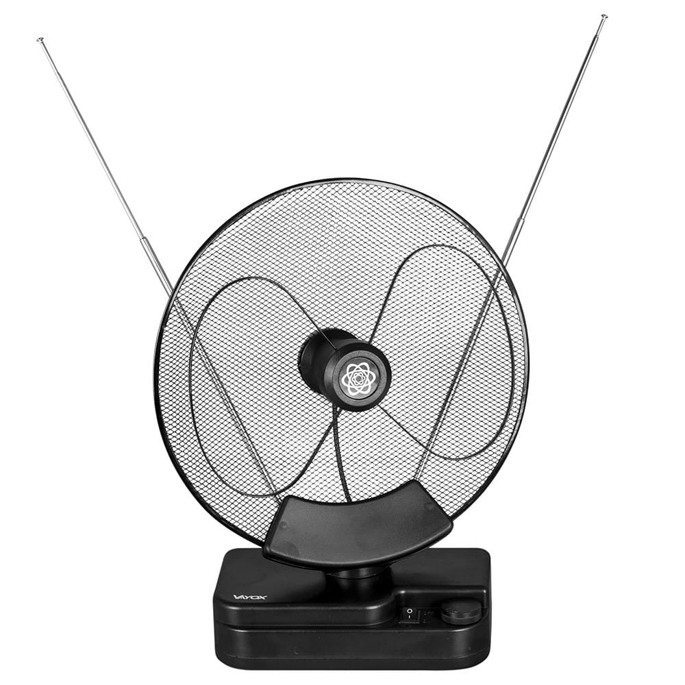 Czarna antena z dwoma rozkładanymi ramionami. Antena stoi na czarnej podstawie z pokrętłem.