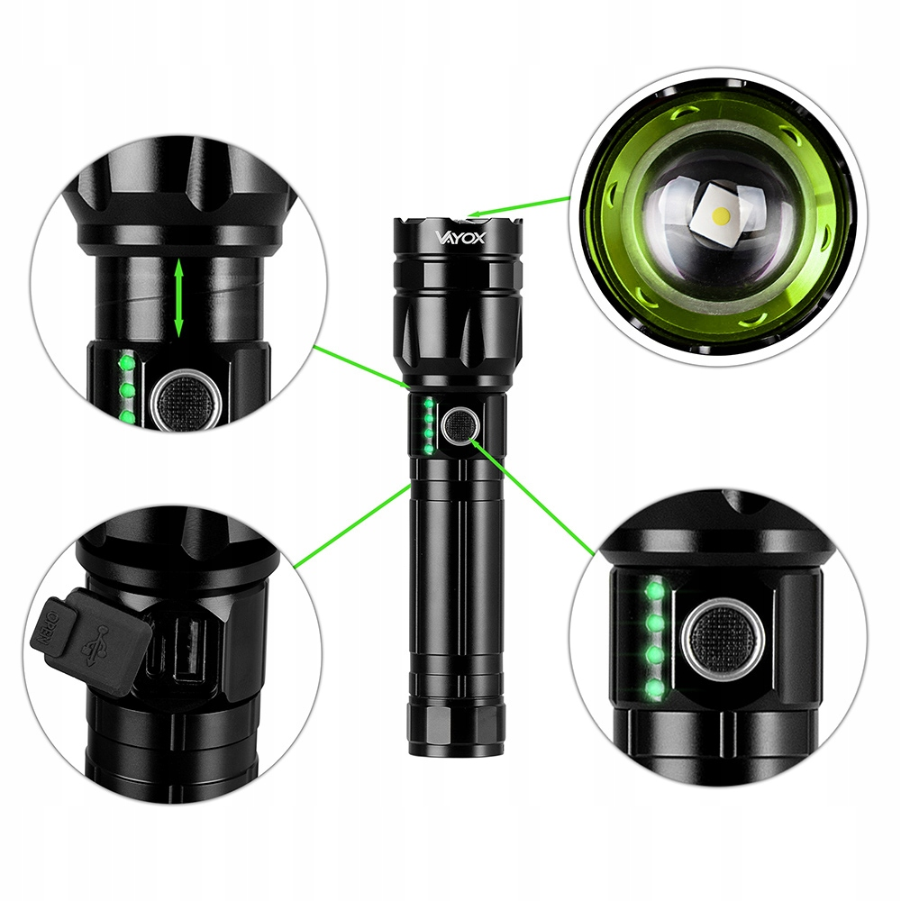 Czarna latarka z zielonymi detalami. Zbliżenia pokazują przycisk, port ładowania i przód światła.