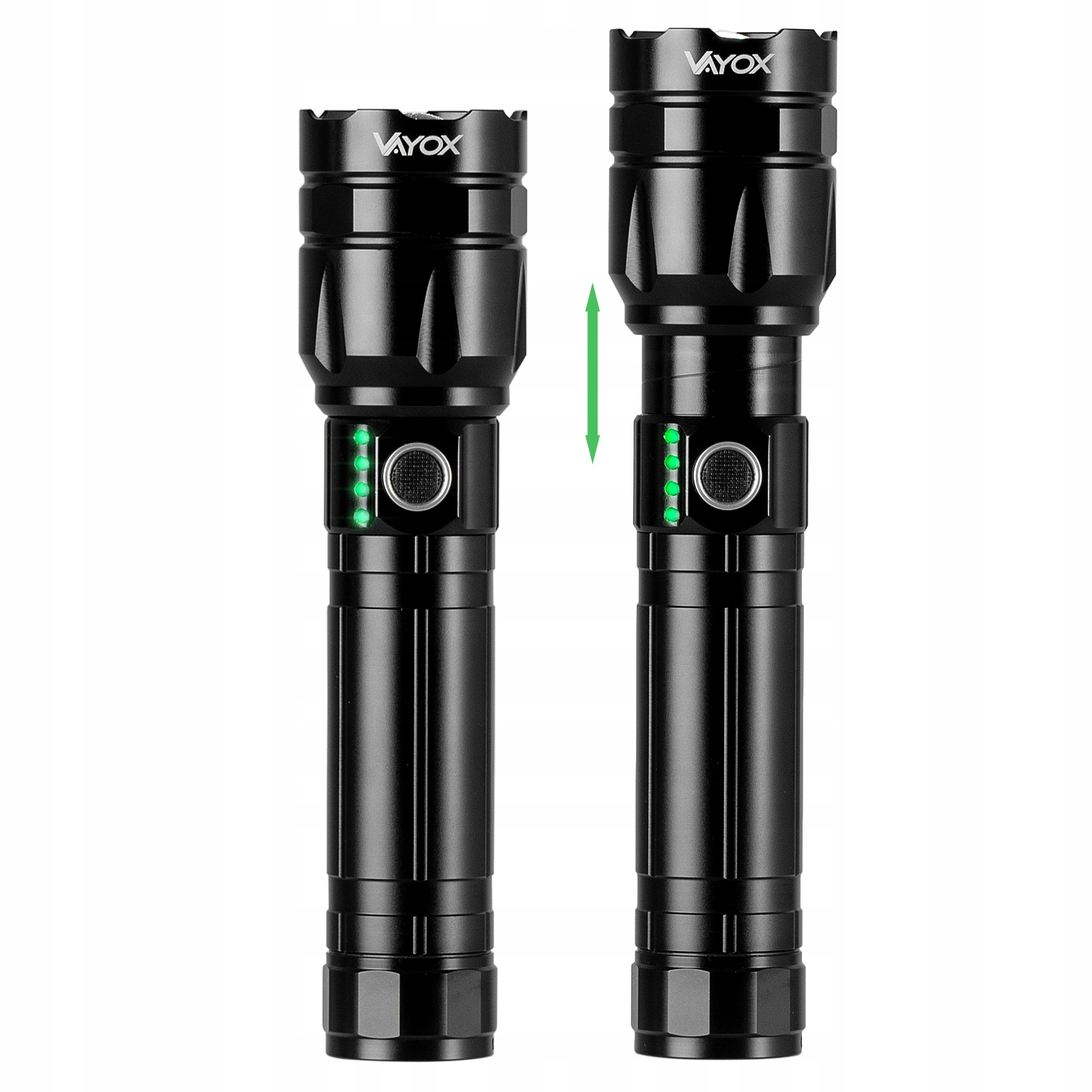 Dwie czarne latarki obok siebie. Zielone światła włączone. Strzałki pokazują, że jedną można wydłużyć.