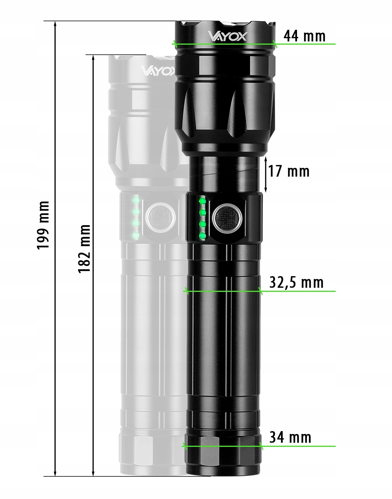 Czarna latarka z zaznaczonymi wymiarami. Ma zieloną diodę LED i srebrny przycisk.