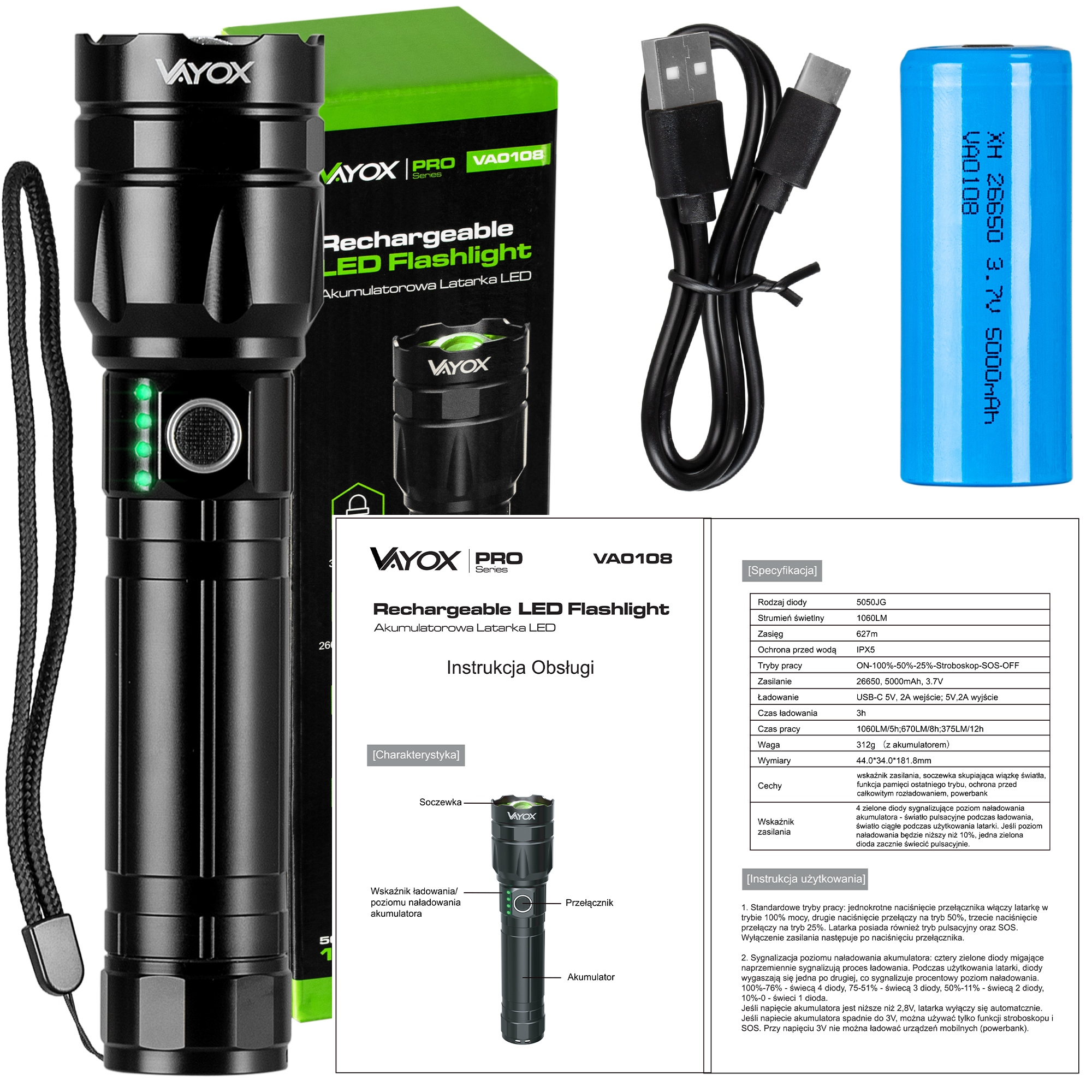 Czarna latarka, bateria, instrukcje i pudełko. Latarka jest czarna, a pudełko zielono-czarne.