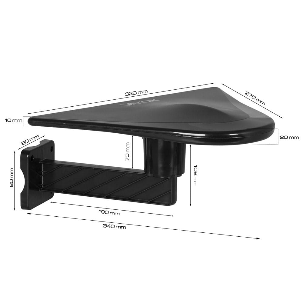 Czarna antena TV z wymiarami. Ma trójkątny kształt i czarny wspornik montażowy.