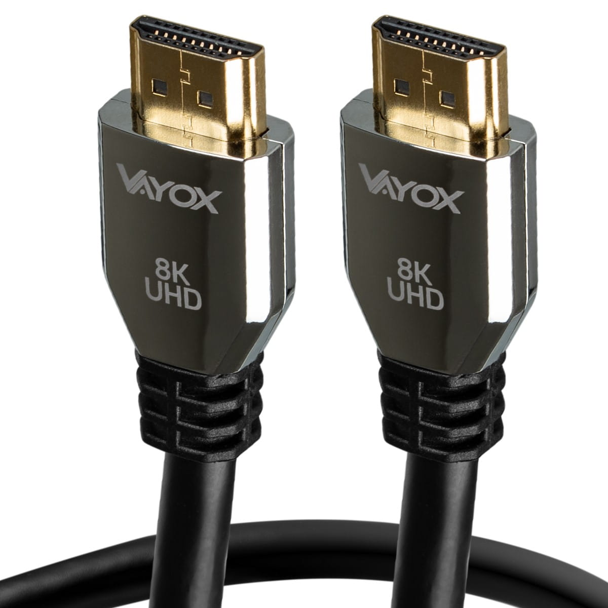Dwa czarne kable HDMI ze złotymi złączami. Kable są oznaczone 'Vayox' i '8K UHD'.