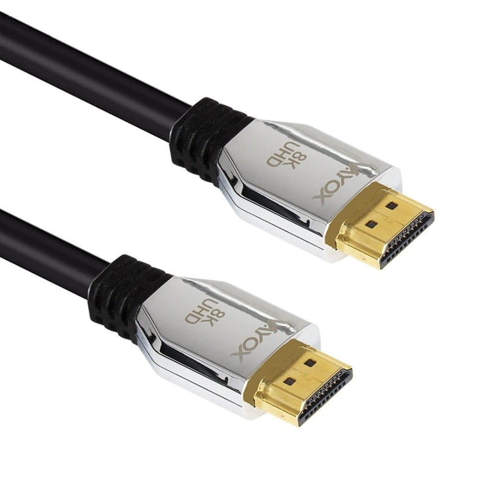 Dwa czarne kable HDMI ze srebrnymi złączami. Na białym tle.