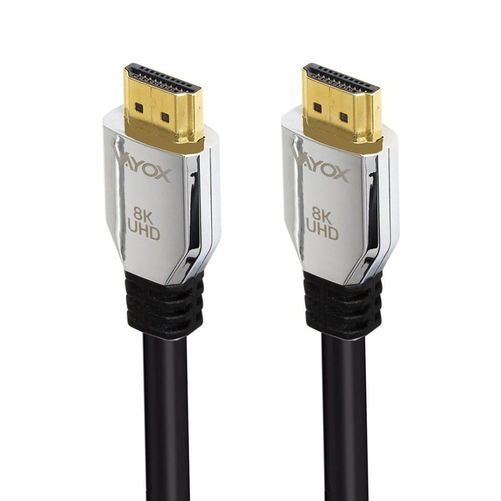 Dwa kable HDMI z czarnymi przewodami i złotymi złączami. Złącza są oznaczone 'Vayox' i '8K UHD'.