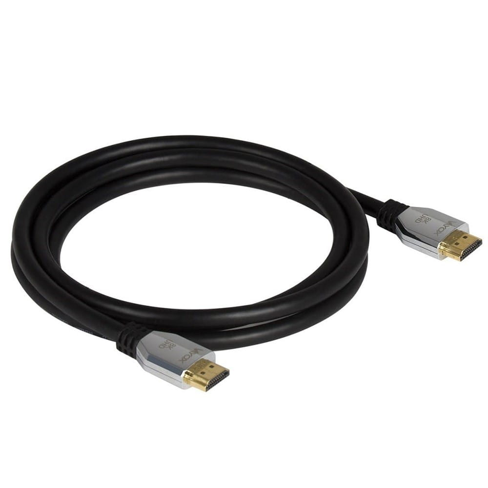 Czarny kabel HDMI. Kabel ma złote złącza z etykietami 'Vayox' i '8K UHD'.
