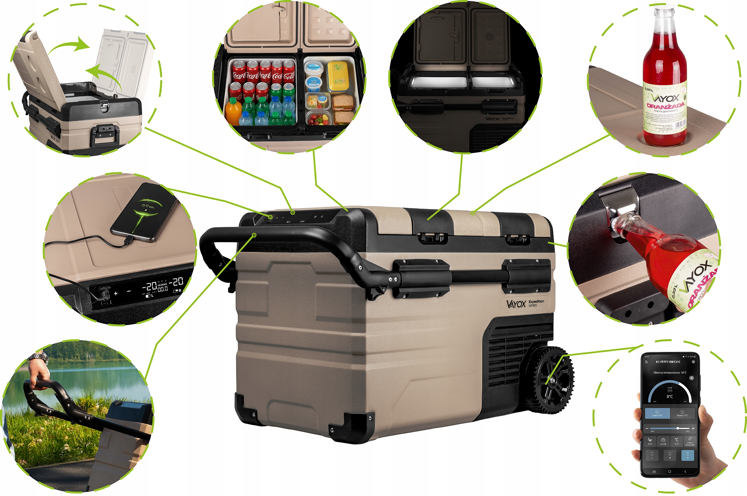 Beżowa chłodziarka z otwartymi pokrywami, zawartość i sterowanie smartfonem.