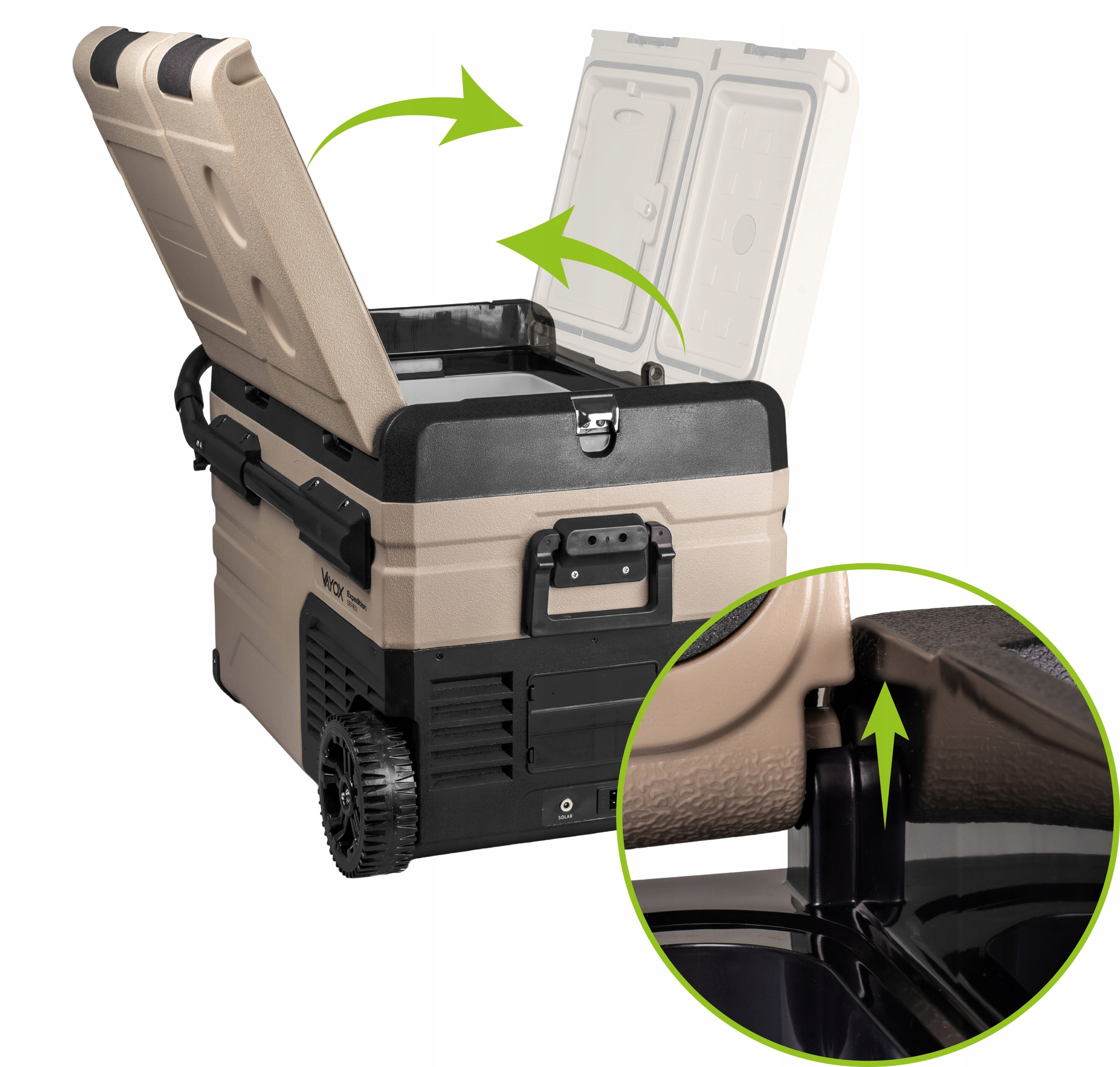 Beżowo-czarna chłodziarka z otwartą pokrywą. Pokrywa ma strzałkę pokazującą kierunek otwierania i zamykania.