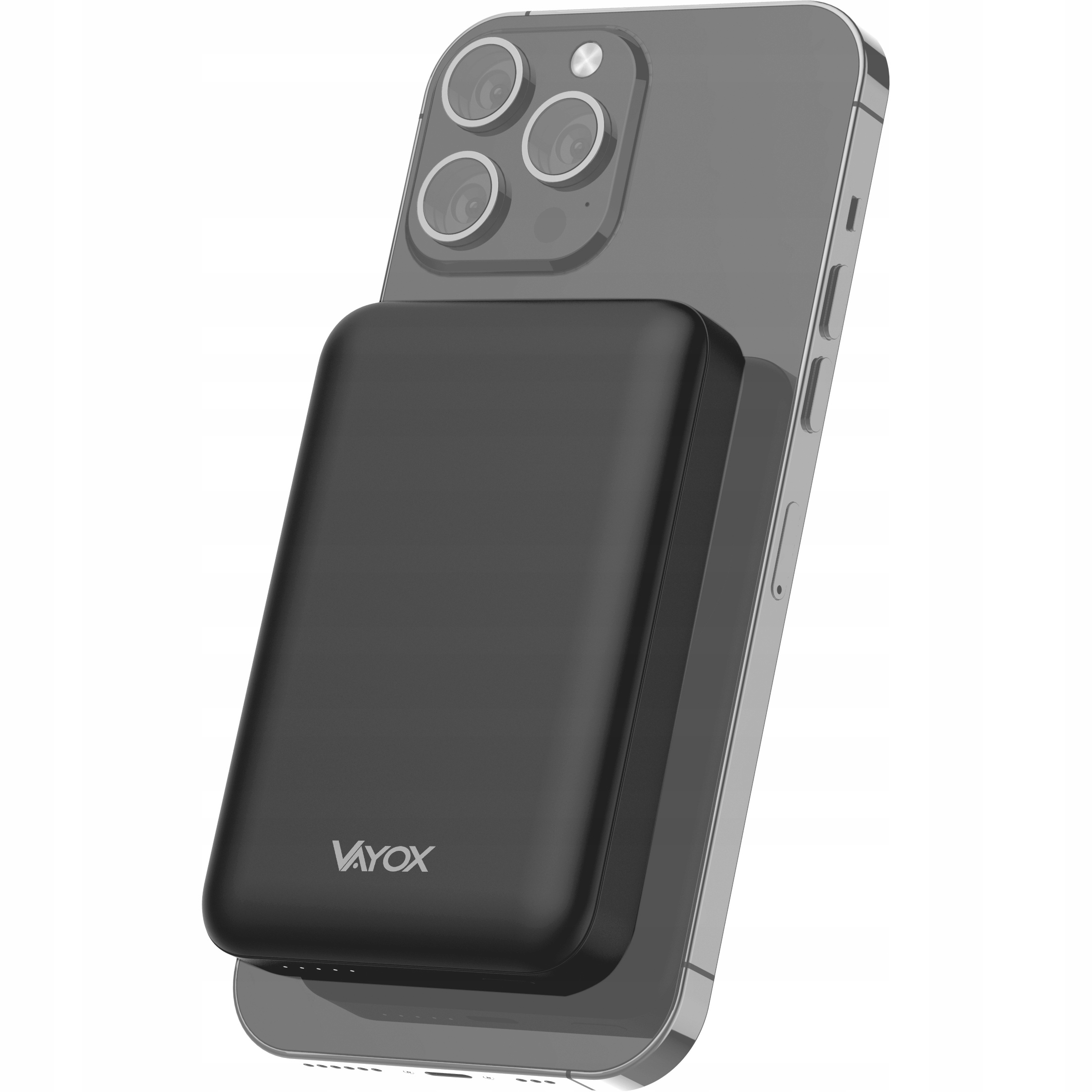 Czarny power bank przymocowany do telefonu. Telefon ma wypukłość aparatu i jest srebrny.
